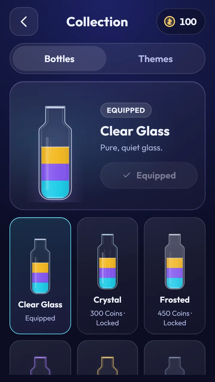 The Collection screen of Water Sort: Color Puzzle IQ showing bottle styles that can be unlocked with coins