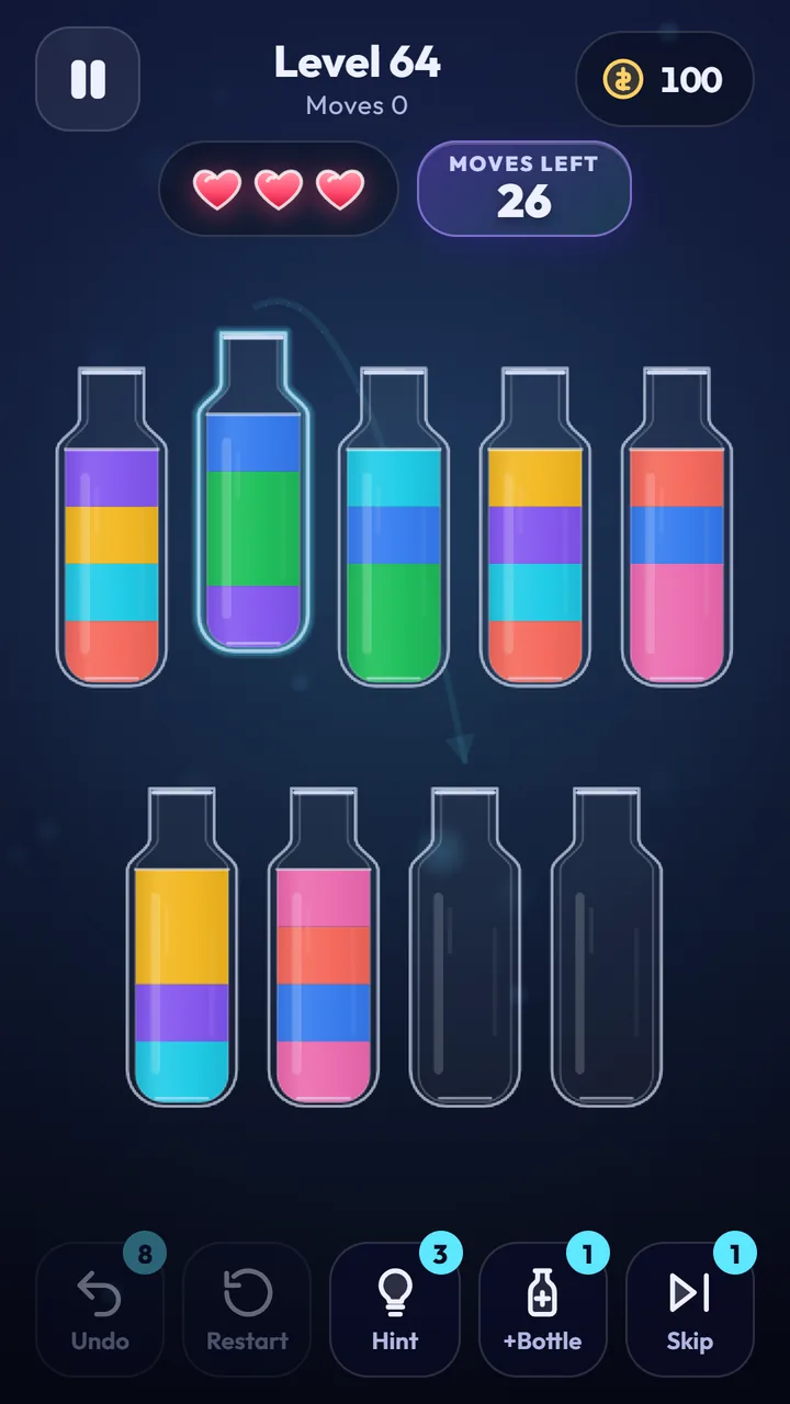 Gameplay of Water Sort: Color Puzzle IQ with nine bottles of layered colors and a hint arrow showing where to pour