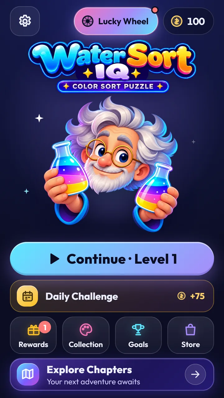 Water Sort: Color Puzzle IQ home screen with the wizard mascot, a Continue button, Daily Challenge and shortcuts to Rewards, Collection, Goals and Store
