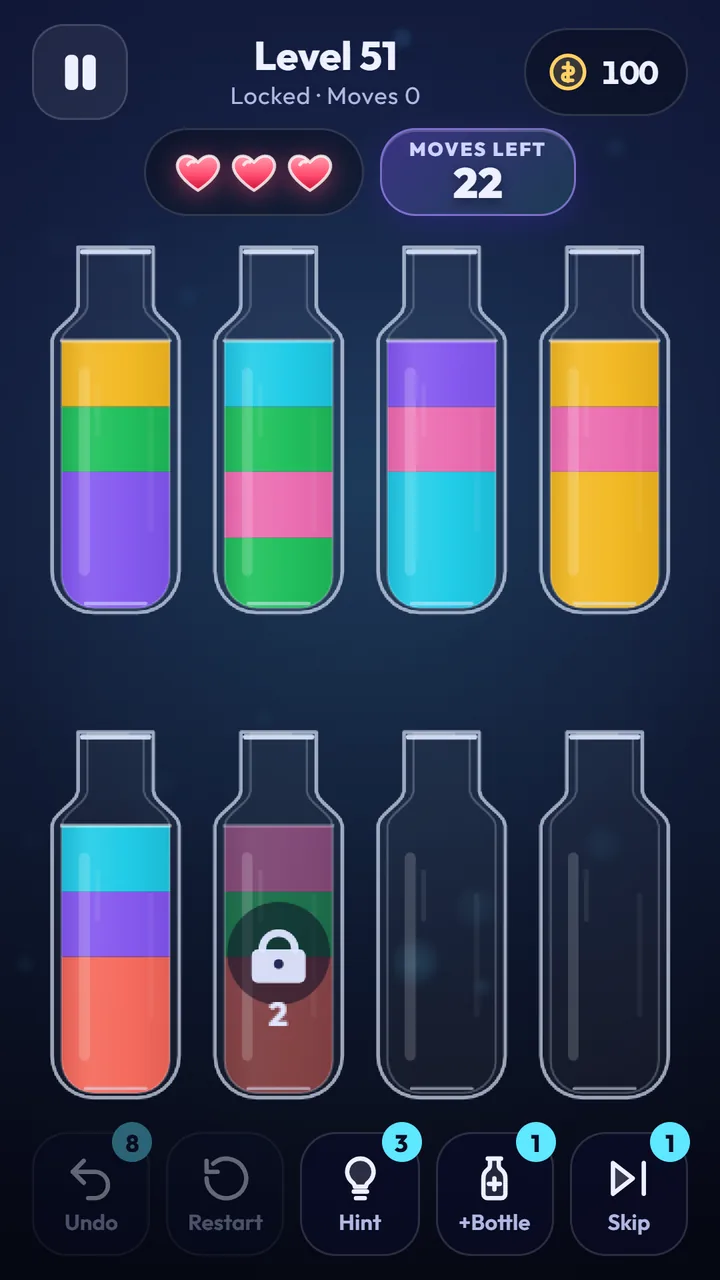 A level in Water Sort: Color Puzzle IQ with a padlocked bottle that opens after two bottles are completed