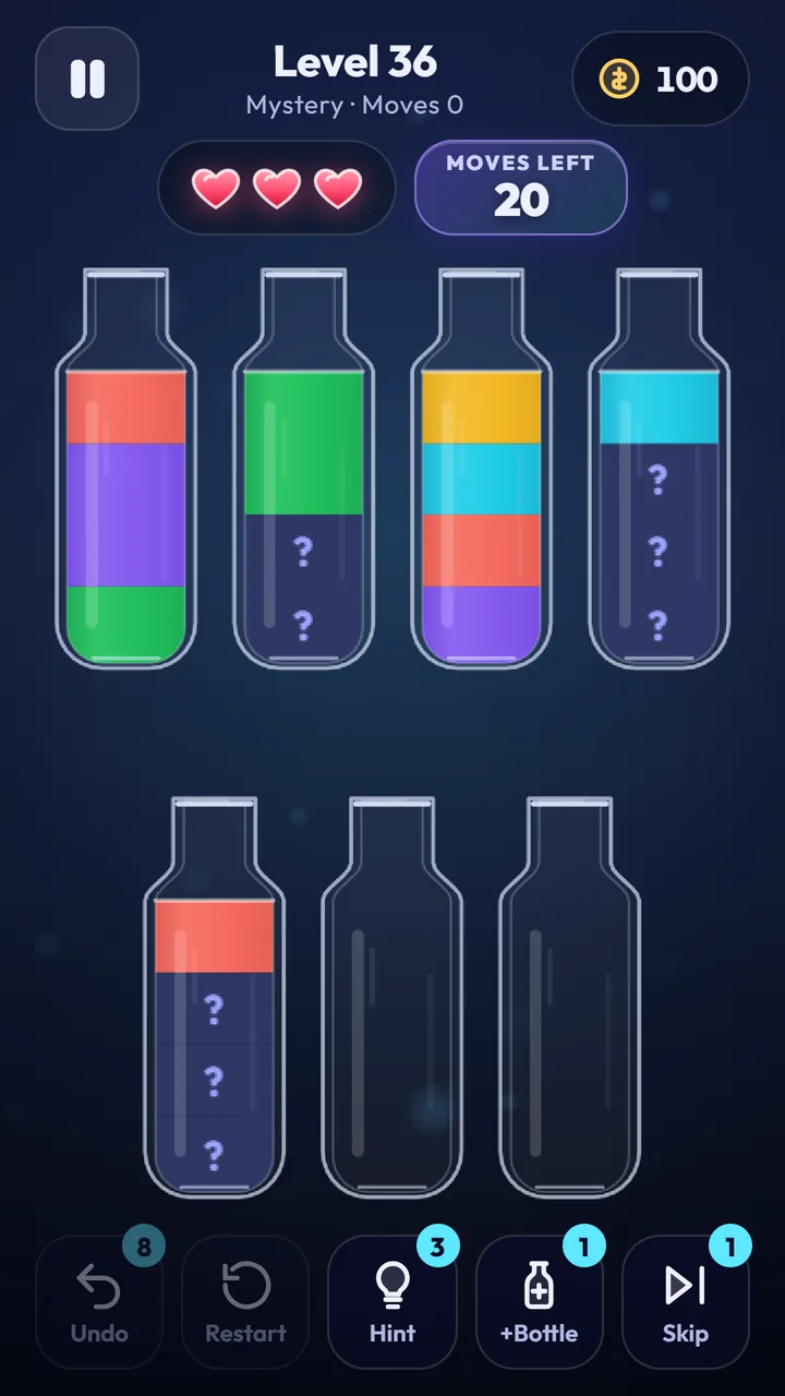 A mystery level in Water Sort: Color Puzzle IQ where lower layers of the bottles are hidden behind question marks